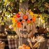 Warm LED Fall Lighted Wreaths Wooden Pumpkin Halloween Door Sign with Lights, Artificial Floral Hanging Illuminated Garland Lights Ornament for Window