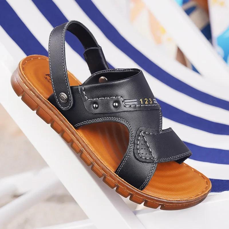 Whoholl Patent Leather Men Sandals Male Summer Shoes Outdoor Casual Sandals Cowhide Beach Shoes Two Uses Men's Sandals Slippers