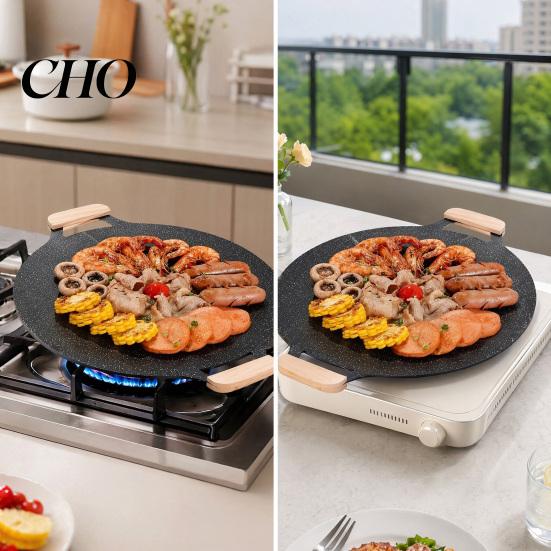 Family Size Outdoor Cooking Pan Electric Smokeless Grill, Nonstick Griddle, Korean BBQ Meat Roaster Quick Heat Conduction with Handle, Round