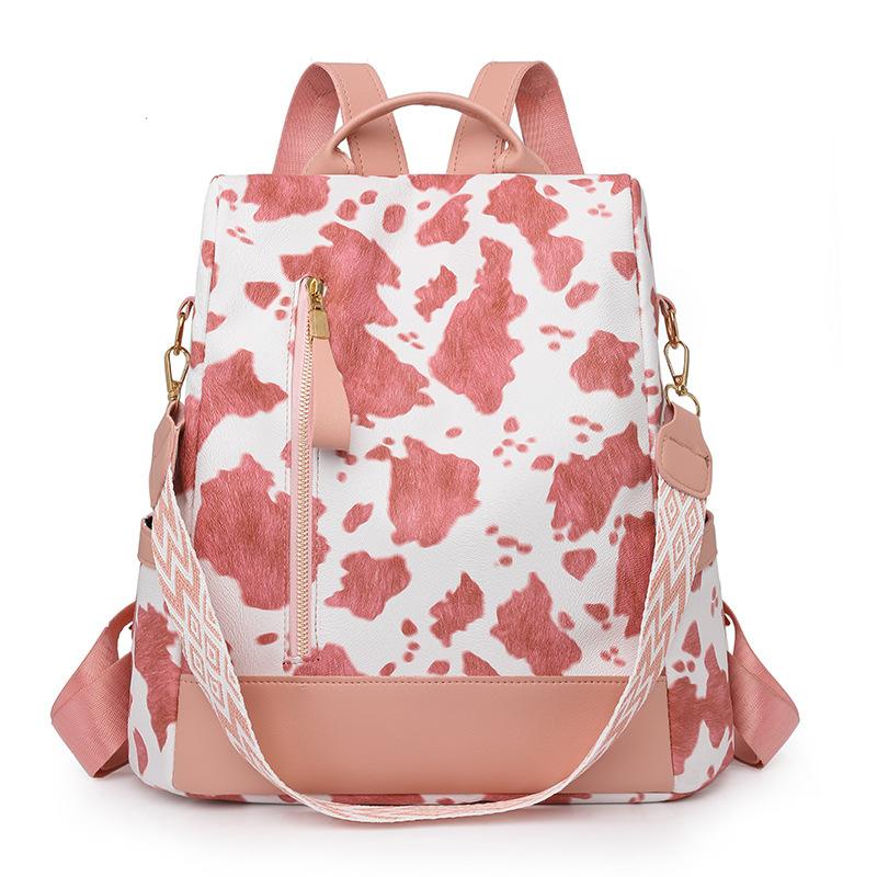 Women's Travel Backpack Fashionable Cow Pattern Anti-theft Single Shoulder Bag Commuting Water-splash PU Lightweight School Bag