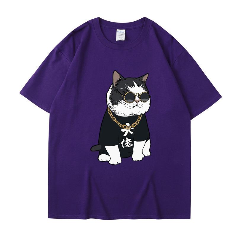 Summer Round Neck Cartoon Cute Big Boss Cat Printed Top Fashionable Casual Pure Cotton Short Sleeved Men's and Women's Unisex T-shirts