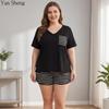 Großformat Damen-Schlafanzug-Set Kurzarm-Shorts Bunte Baumwolle Locker Hauskleidung Sommer Lässig Zweiteiliges Set