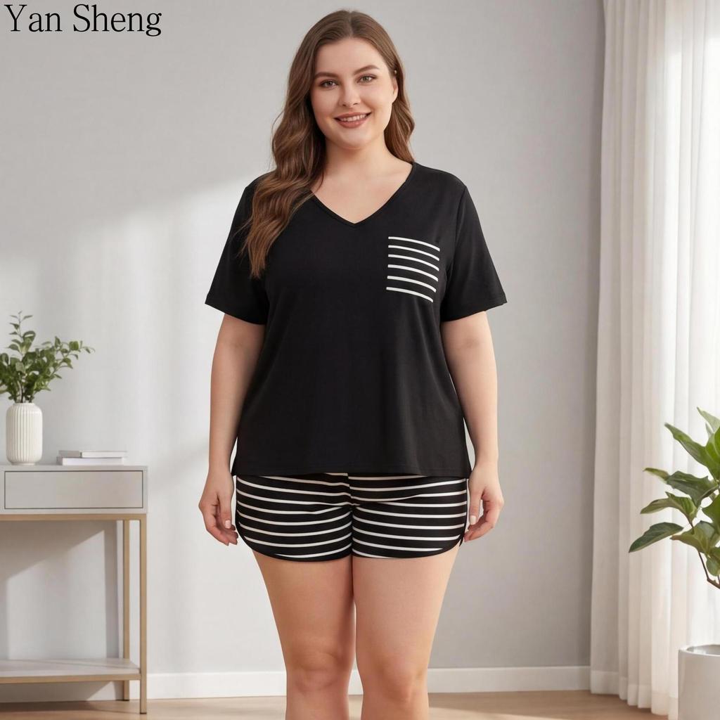 Large Size Women's Pajamas Set Short-sleeved Shorts Colored Cotton Loose Home Clothes Summer Casual Two-piece Set
