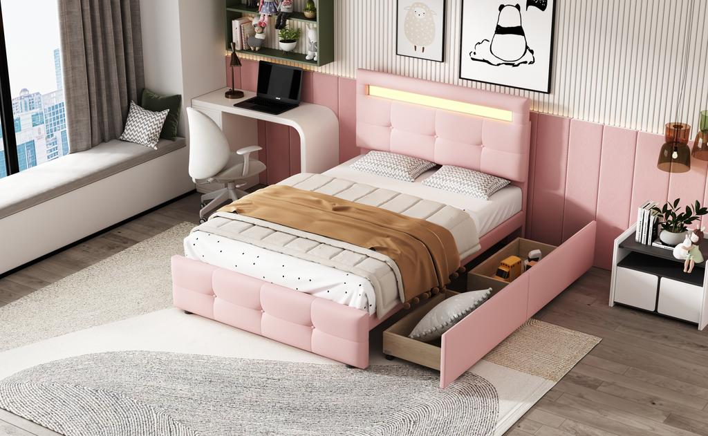 Letto imbottito 90*200cm con luci LED, 2 cassetti, Rivestimento in lino delicato sulla pelle Letto singolo basso Letto per bambini Letto per ragazzi Letto per ospiti (Rosa)