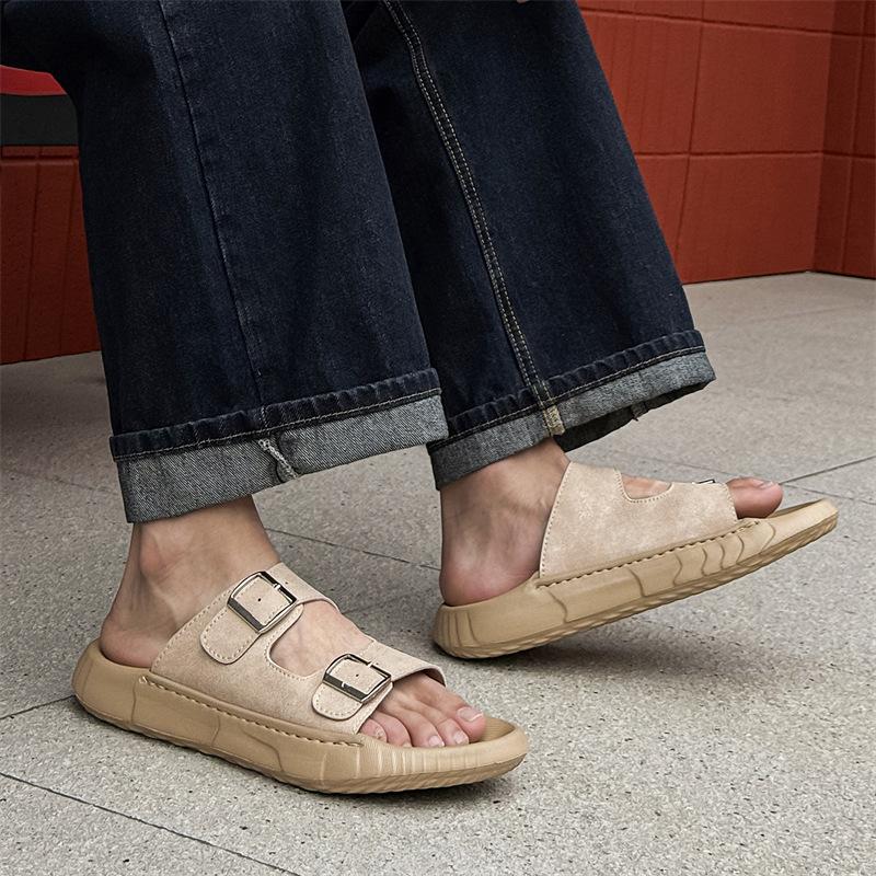 Summer One-word Sandals Soft-soled Boken Shoes Casual Beach Velcro Outer Wear Beach Shoes 371296 white-J