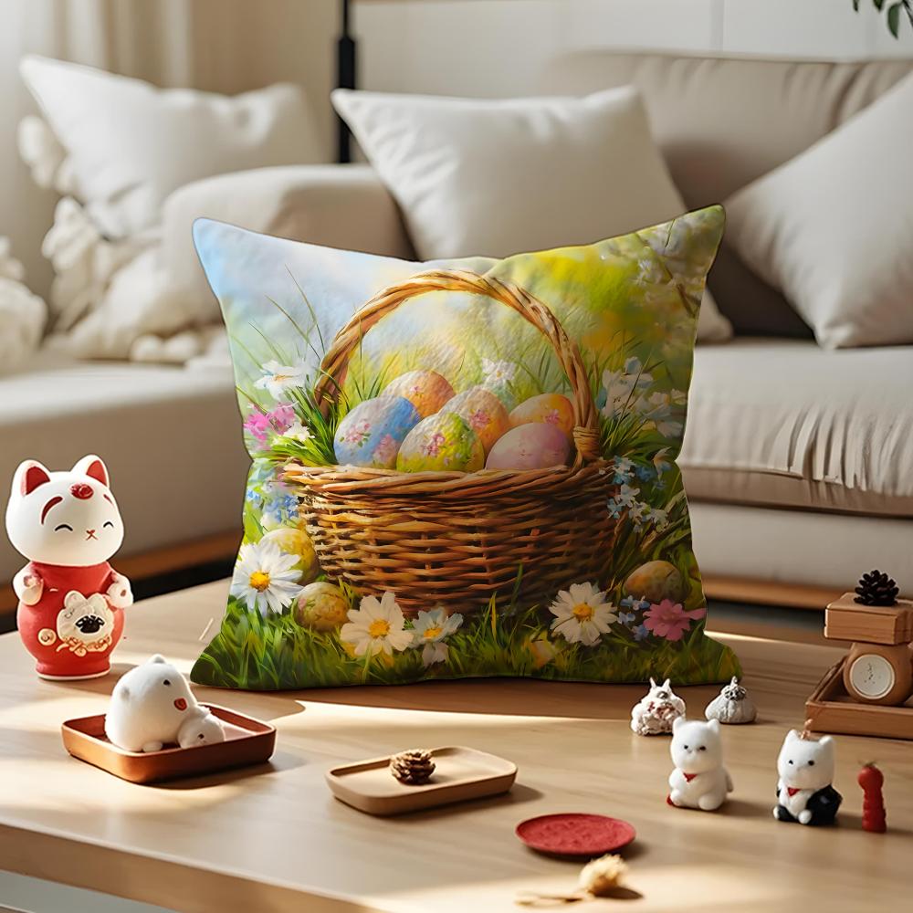 Happy Easter Bunny Cushion Cover Silky Short Plush with Invisible Zipper Dustproof Sofa Pillow Case for Home Decor
