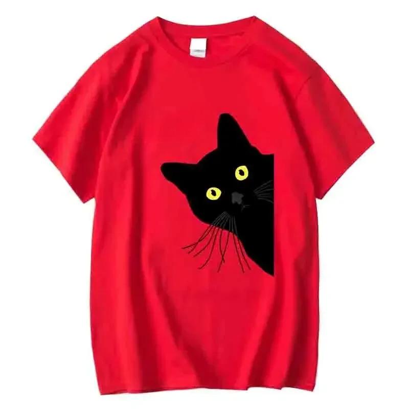Summer Round Neck Black Cat Pattern Printed Top Fashionable Casual Pure Cotton Short Sleeved Women's T-shirts