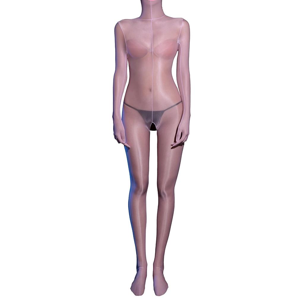 Womens Glossy Sheer Bodystocking Bodysuit Fully Head Hands Covering Crotchless See-Through Tempting Teddies Lingerie Nightwear