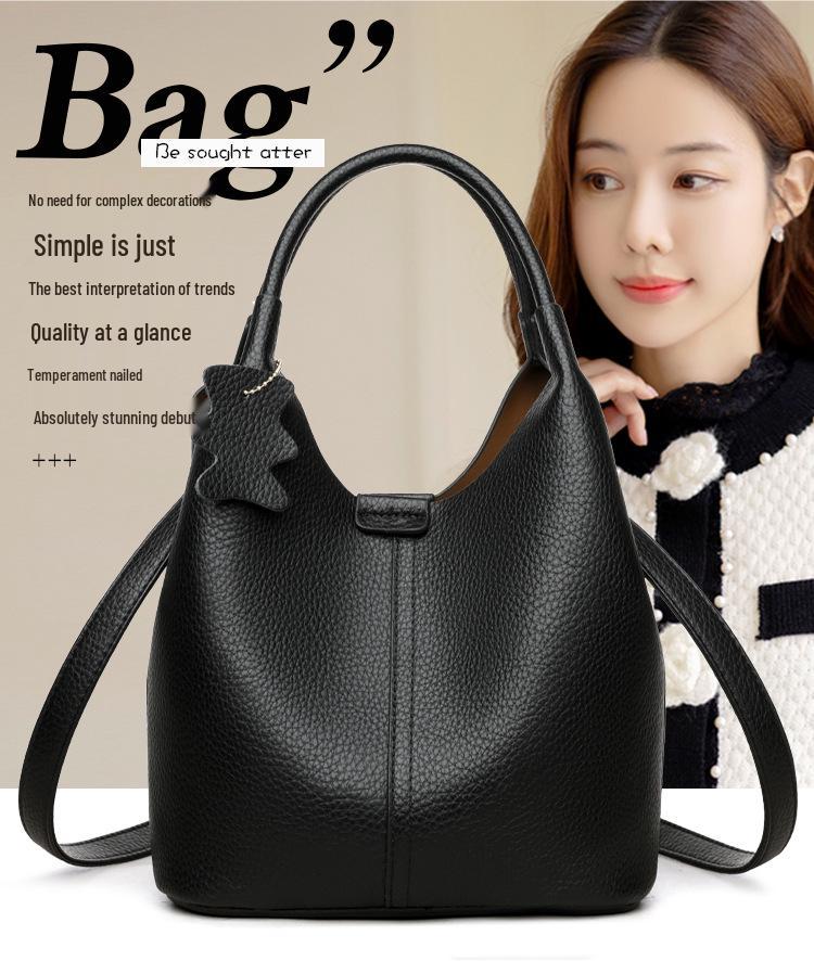 2025 High-End Genuine Leather Women's Shopping Basket Bag with Double-Sided Texture and Leather Tag.