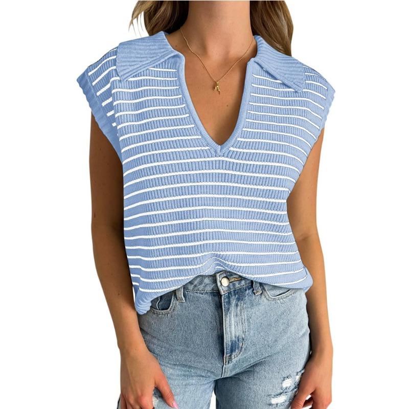 Women's Summer New V-neck Knit Casual Stripe Lapel Sweater Top