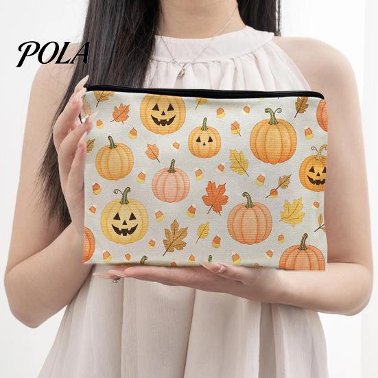 Washable Storage Pouch Bag, with Halloween Pattern Print, Smooth Zipper Durable Canvas Dust-proof Container Organizer, Portable Stationery Case,
