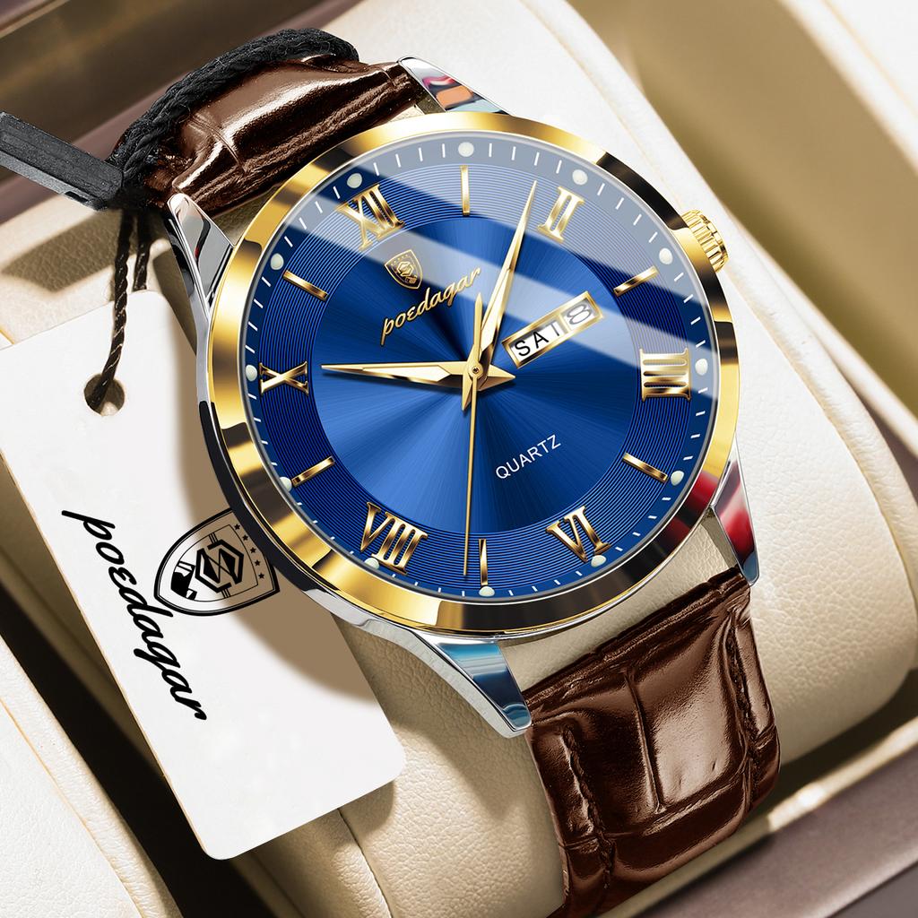 POEDAGAR Top High Quality Man Clock Leather Date Week Quartz Fashion Men Watch Waterproof Luminous Business Casual Men's Watches