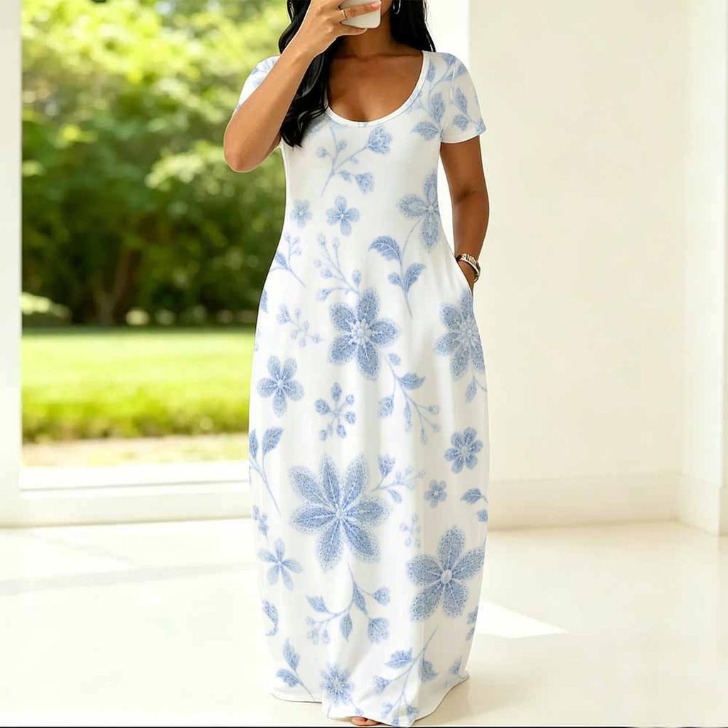 Women Plus Size Round Neck Short Sleeve Floral Printed Side Pockets Loose Maxi Dress