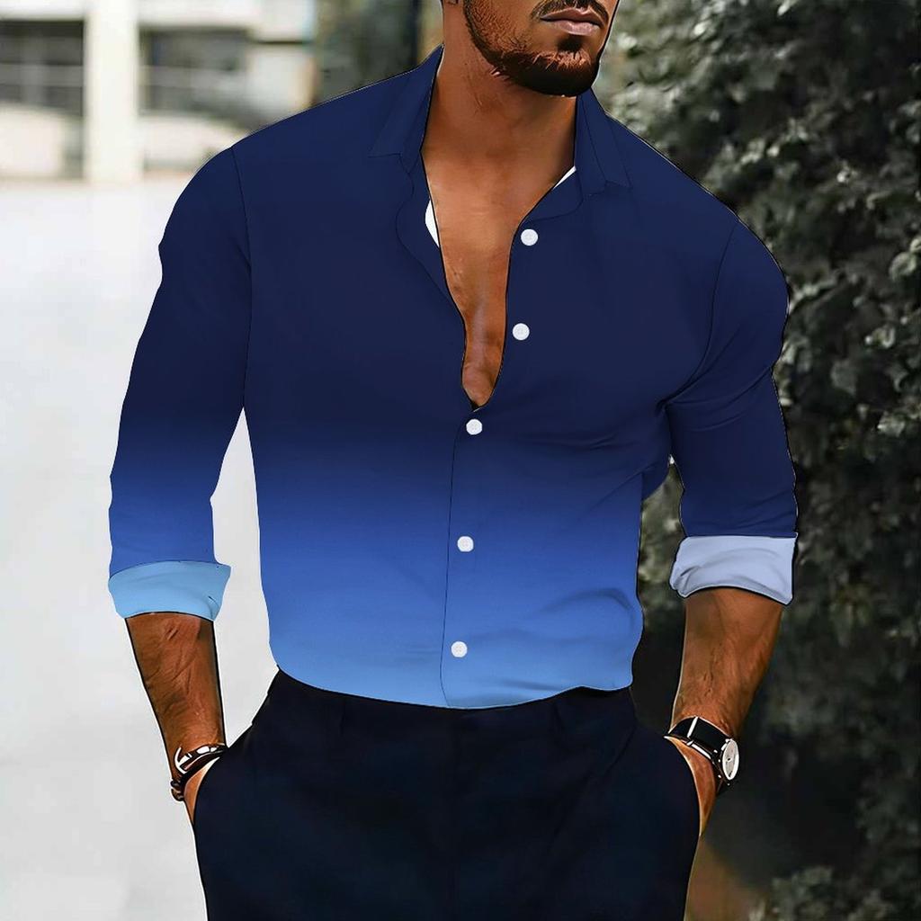 Men Collared Shirt Black White Gradient Solid Tone Long Sleeve Button Down Top