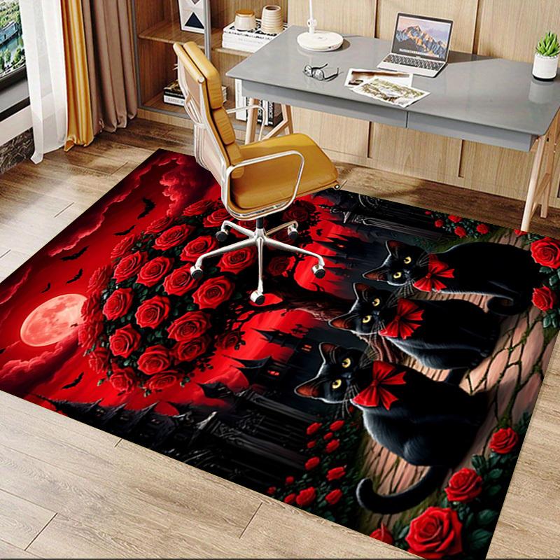 1pc Black Cats, Gothic Roses Carpet Anti Slip Polyester Floor Mat for office.Bedroom