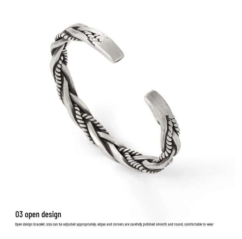 Retro Braided Open Bangle: S925 Silver Plated Unisex Bracelet - Trendy Heavy Industry Design