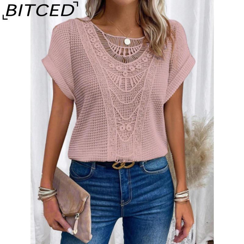 BITCED Women's Spring/Summer Lace-Patchwork Short-Sleeve T-Shirt