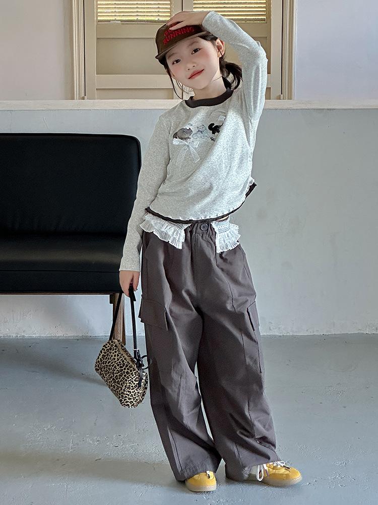 2026 Autumn Cat Print Girls' Long Sleeve T-shirt & Lace Waist Cargo Pants Set for Older Children