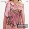 unifree Pink Loose Fuzzy Off-Shoulder Sweater with Butterfly Graffiti