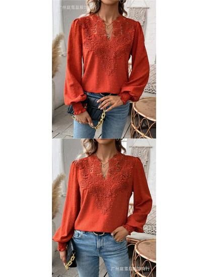 Autumn/Winter V-Neck Lace Long Sleeve Casual Solid Color Women's Top