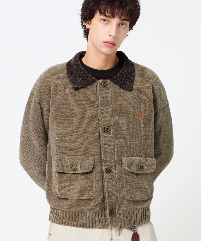 TRILLION Leather Patchwork Velvet Cardigan Knit_Beige