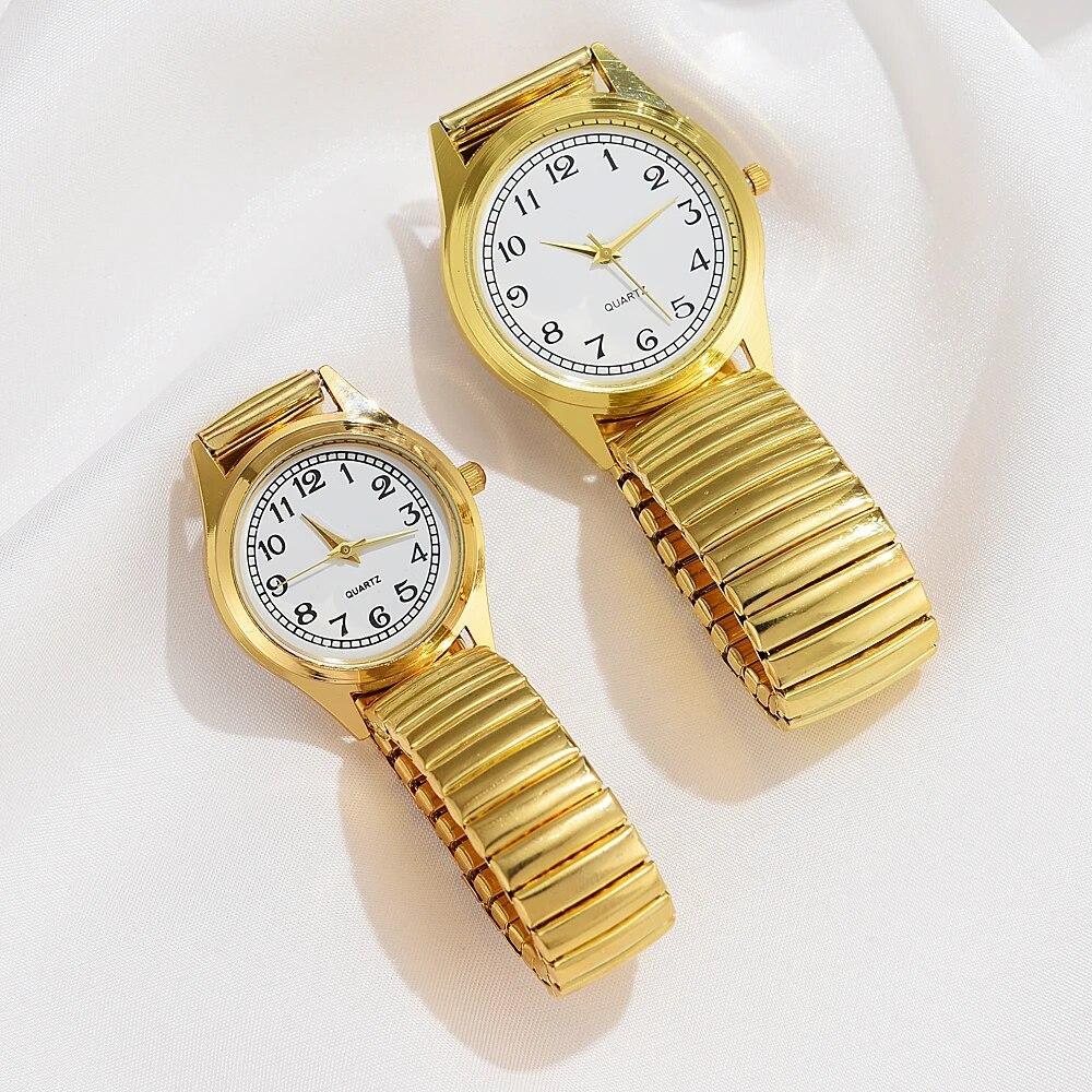 2 STÜCK Gold Retro Runde Zeiger Quarz Uhr Klassische Simulation Elastisches Armband Uhr Geeignet für Männliche und Weibliche Paare
