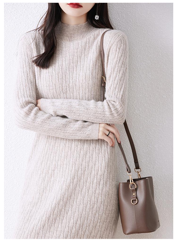 Women's Mid-Length High Neck Pure Wool Cashmere Sweater Dress - Thickened Knit for Autumn Winter