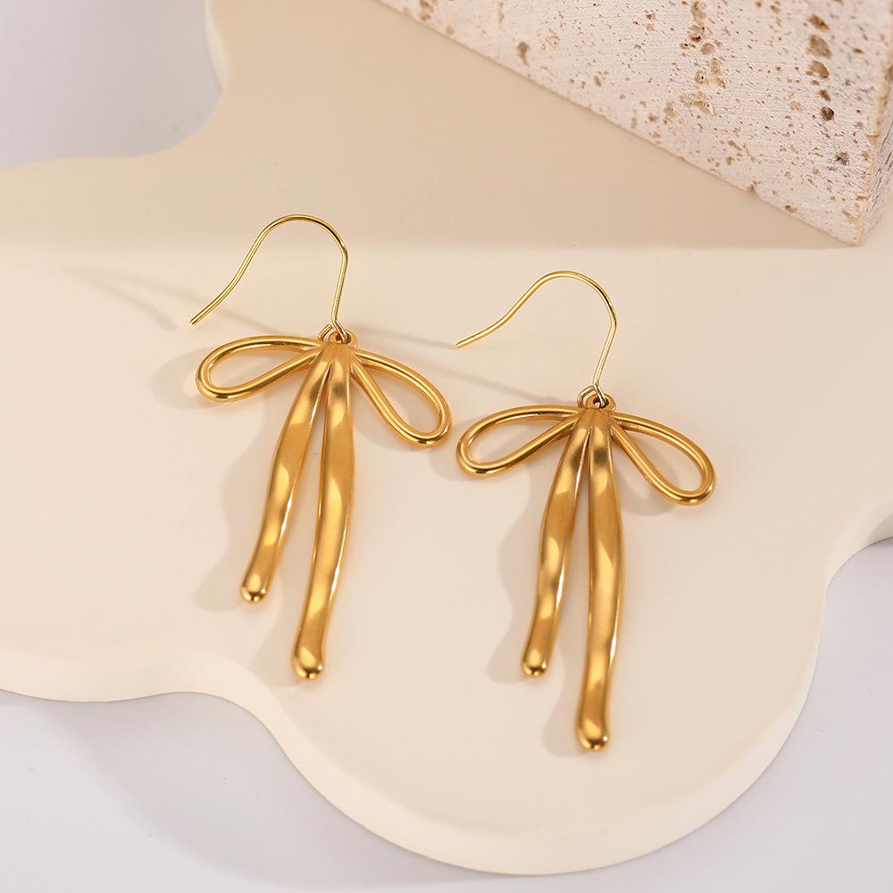 18K Gold Stainless Steel Bow Pendant Earrings - European & American Style Women's Jewelry