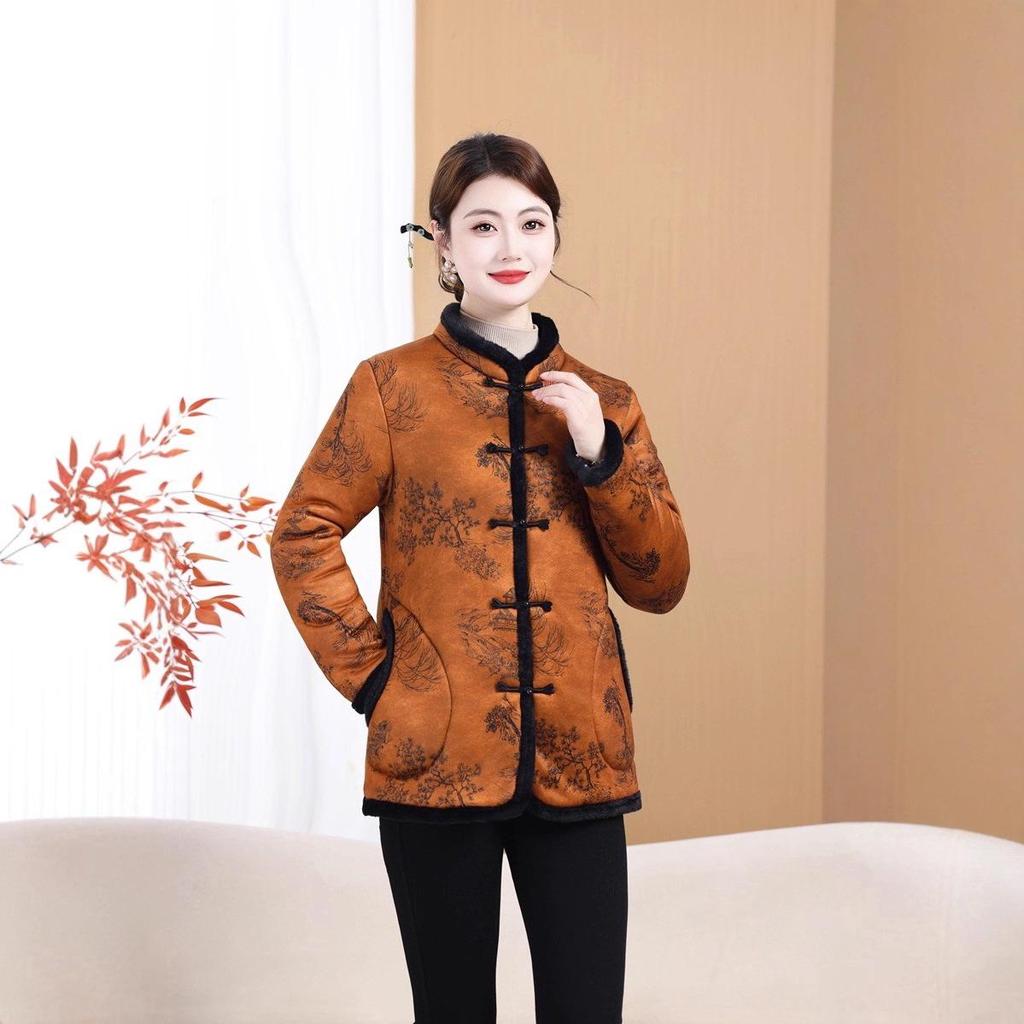 New Women's Velvet Cotton Jacket - Mid-Aged Winter Outerwear with Frog Buttons, Padded and Thickened for Warmth, Chinese Style