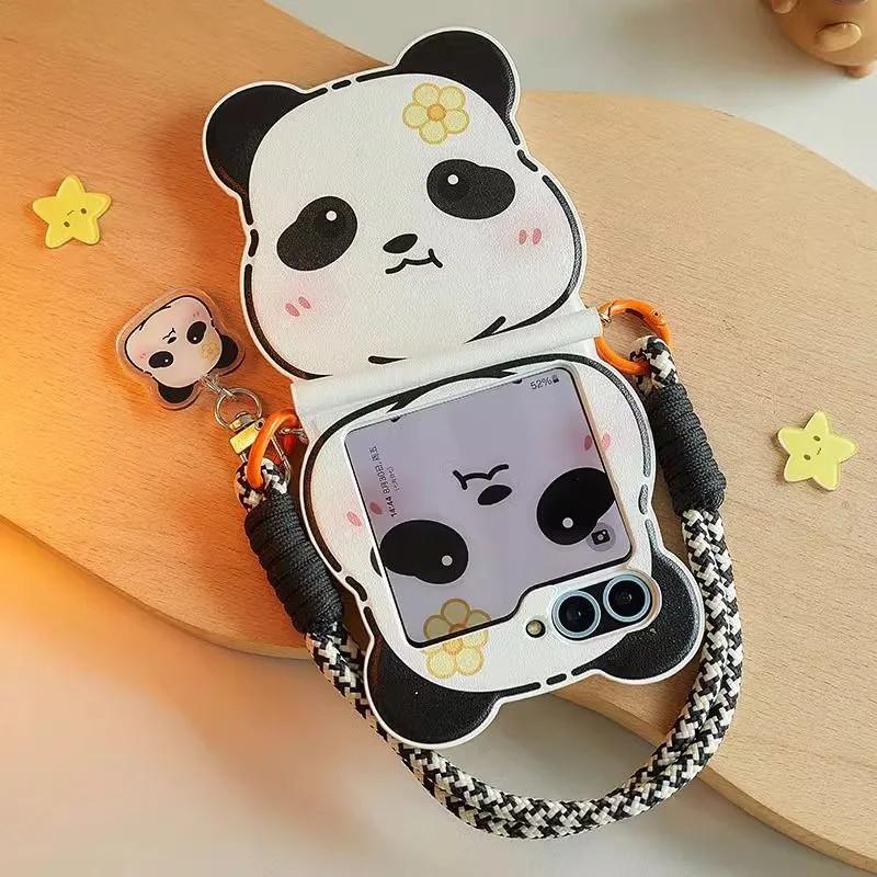Cute Flip Case For Samsung Z flip6 Zflip5 Zflip5 4 3/OPPOFind N3 N2Flip Phone Case Fashion 3D Panda Ears Creative Design Kawai Leather Cover Crossbody