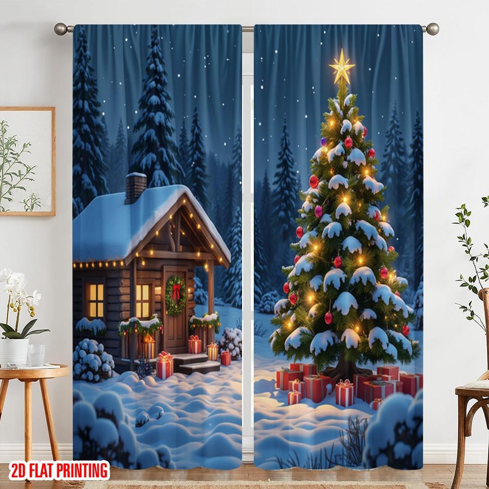 Set Of 2 Flat Printing Drapes Day Christmas House View Polyester Without Electricity Birthday Party Use Room Bedroom Wall Curtain For Master Made