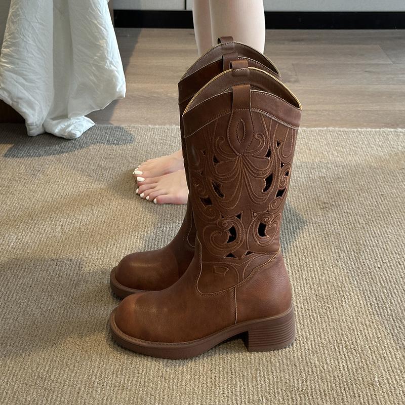 Fashion Vintage Hollow Out Women Western Cowboy Boots Autumn Ladies Causal Thick Heel Long Botas Zapatos De Mujer