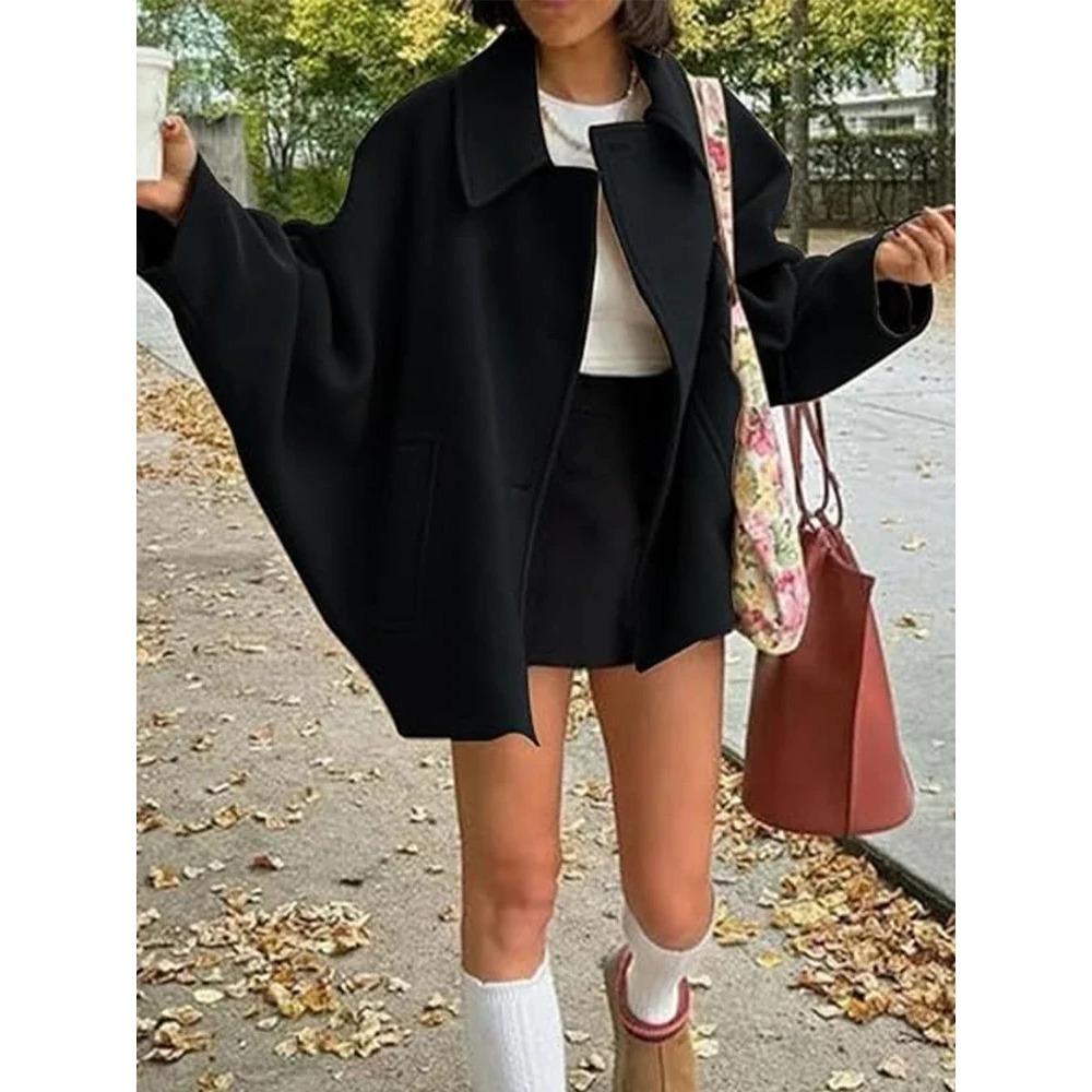 Women's Oblique Button Loose Batwing Sleeve Jacket Coat Lapel Double Pocket Warm Solid Vintage Outerwear Fall Winter Coat