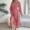Autumn Winter Women Lace Up High Waist Long Sleeve Pleated Dress Solid Dot Temperament