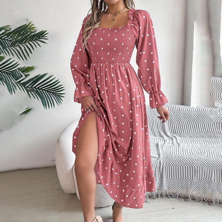 Autumn Winter Women Lace Up High Waist Long Sleeve Pleated Dress Solid Dot Temperament
