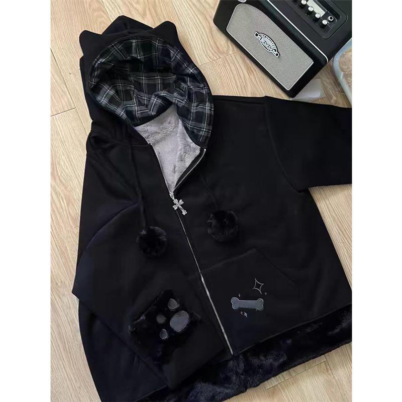 

Asian Culture Y2g Millennium Little Black Cat Autumn and Winter [Plaid Patchwork] Cat Ear Hooded Sweatshirt Female Fleece Padded Coat Black (Fleece-lined) S(42.50 kg-47.50 kg)