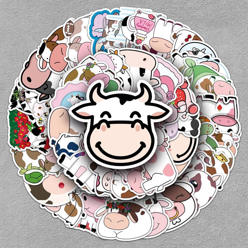 50pcs Cute Cow Stickers for Kids - Cartoon Animal Waterproof Decals for Diary, Laptop, Suitcase, and Fridge Decoration.