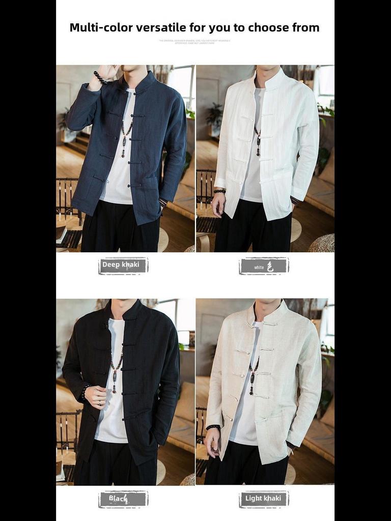 Men's Chinese-Style Long-Sleeve Linen Shirt with Stand-Up Collar - Retro Casual Top