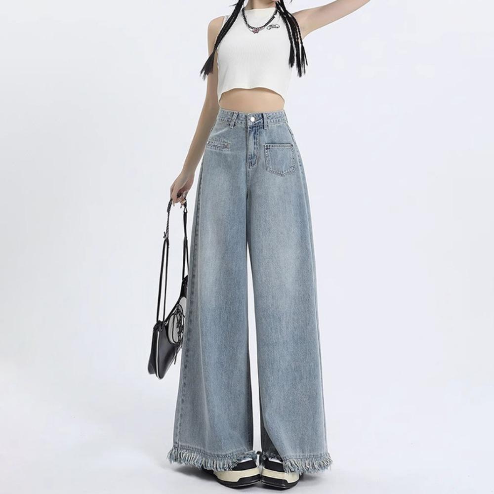 Rough edge wide leg jeans women's spring and autumn new design high waist loose drape versatile floor mopping jeans