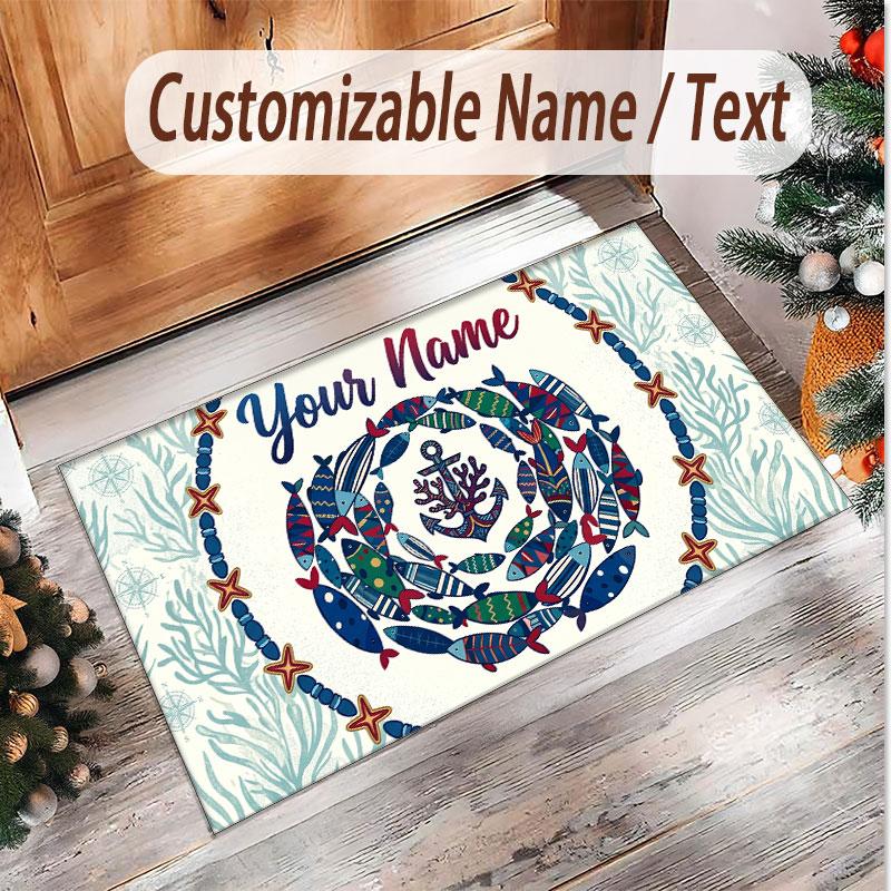 Fish Ocean Theme Soft Crystal Velvet Rug Custom Name & Text Print Non Slip Floor Rug for Bedroom Living Room