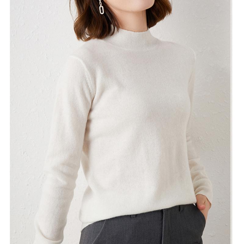 Hirsionsan Weiche Kaschmir Hälfte Rollkragen Stricken Pullover Pullover Frauen Lose Feste Koreanische Grundlegende Pullover Weibliche Einfache Warme Jumper