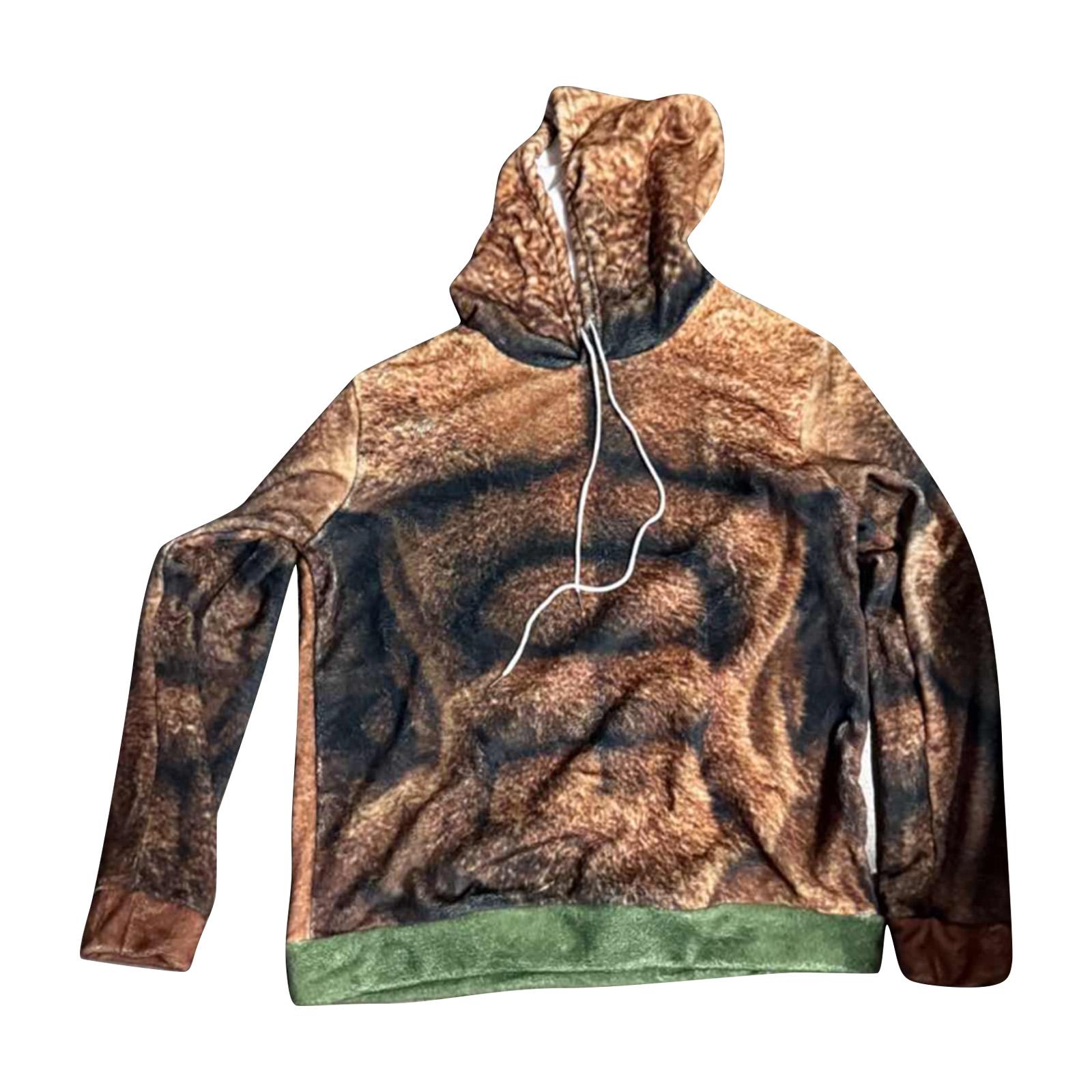 

Men’s Muscle Pattern Plush Hoodie Long Sleeve Pullover Athletic Fleece Sweatshirt Casual Drawstring Hooded Top XL коричневый