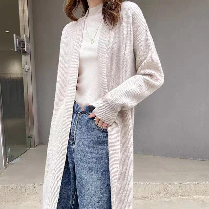 Lazy Wind Long Large Size V-neck Knitted Cardigan Autumn and Winter Loose Solid Color Temperament Sweater Female Jacket