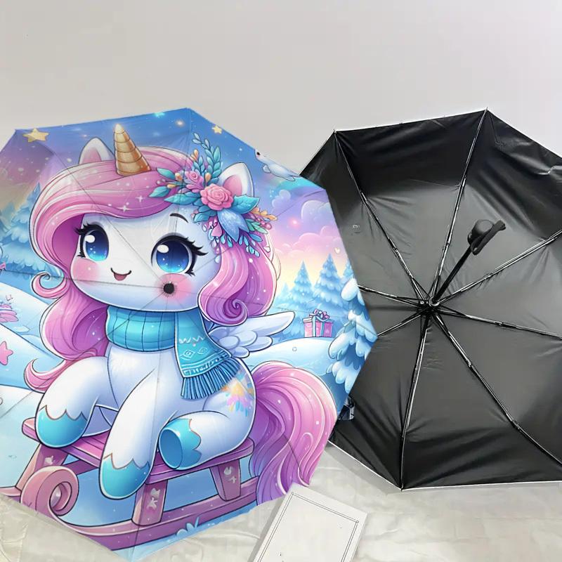 1PC Unicorn Winter Automatic Open/Close Umbrella with Windproof, 8-Rib Sturdy Canopy, Durable Ribs, Fashionable Design, Outdoor Accessory, Fun Prin, H