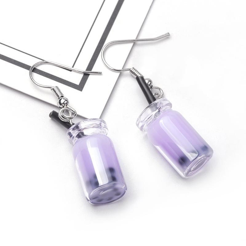 Cartoon Creative Handmade Milk Tea Cup Beverage Bottle Earrings, Funny Cute Mineral Water Bottle Earrings