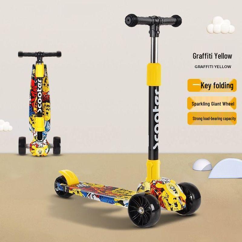 Colorful Folding Scooter with Flashing Music for 2-8 Year Olds - Durable Three-Wheeled Ride-On with Drop-Resistant Handlebar