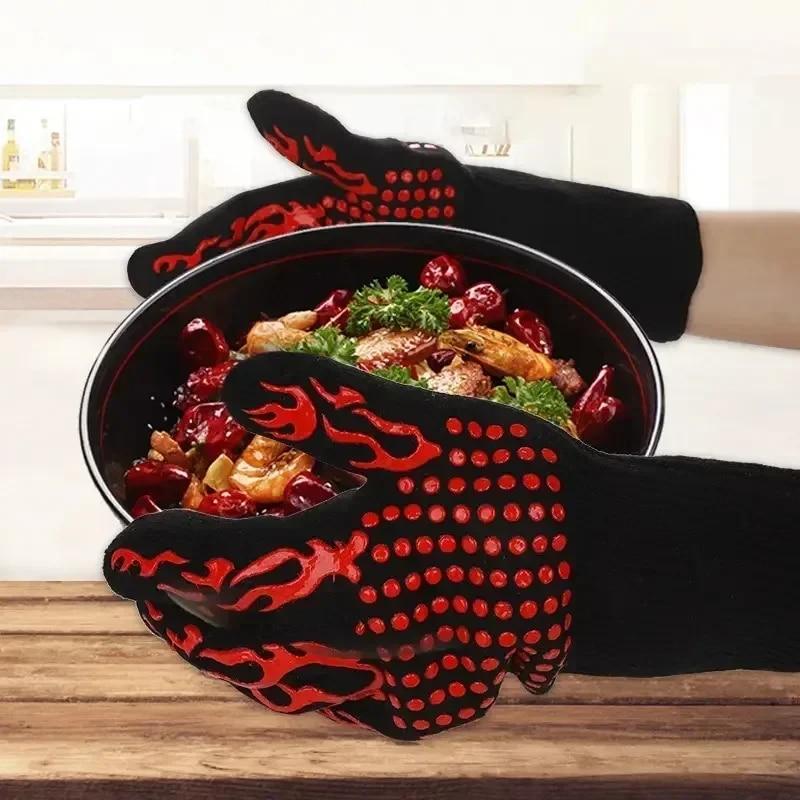 2pcs BBQ Microwave Oven Gloves Baking Oven Mitts Non-slip Fireproof Gloves Heat Resistant 800 Degrees Cooking Oven Gloves