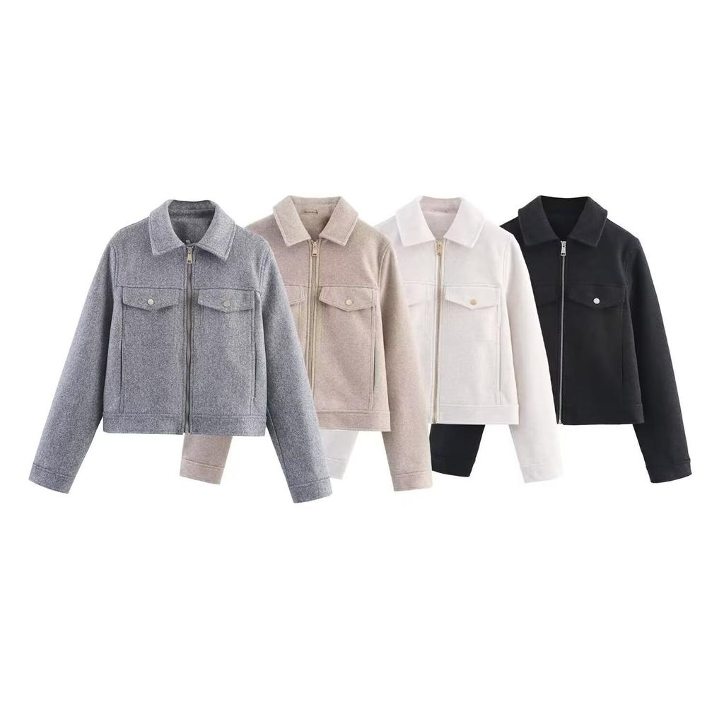 European and American Women's Clothing Autumn New Korean Commuter Style Versatile Soft Zipper Long-sleeved Short Woolen Jacket