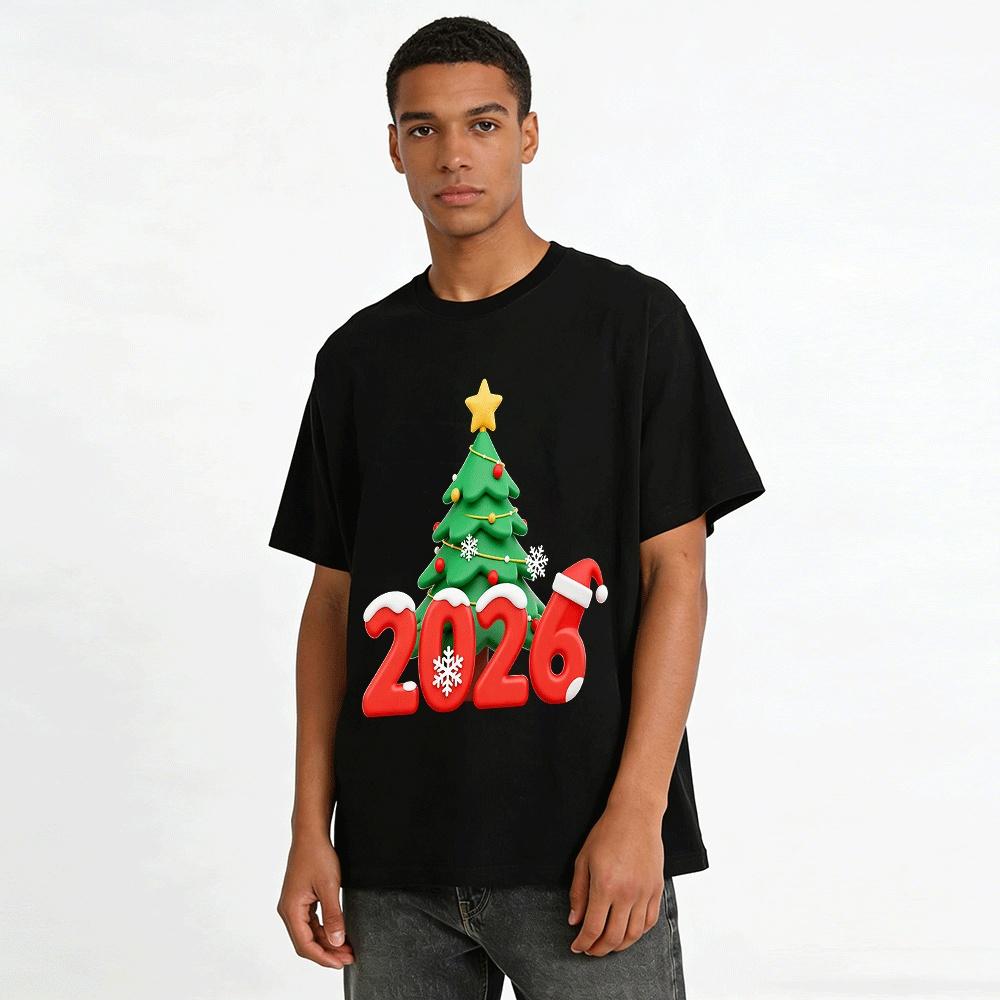 2026 Christmas Themed Printed Casual Top Festival Vibe Loose Tee Pure cotton T-shirt