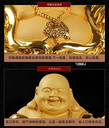 Hotei, one of the Seven Lucky Gods, is a gold-colored Buddhist figurine perfect for warding off evil, bringing good fortune, and bringing good luck. T